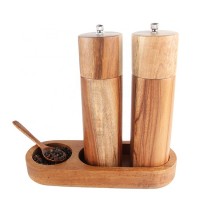 Acacia wood Salt and pepper holder set with salt and pepper grinder set